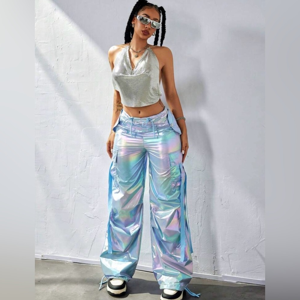 Women’s Y2K Holographic Parachute Pocket Cargo UFO Baggy Dance Pants - Picture 2 of 14